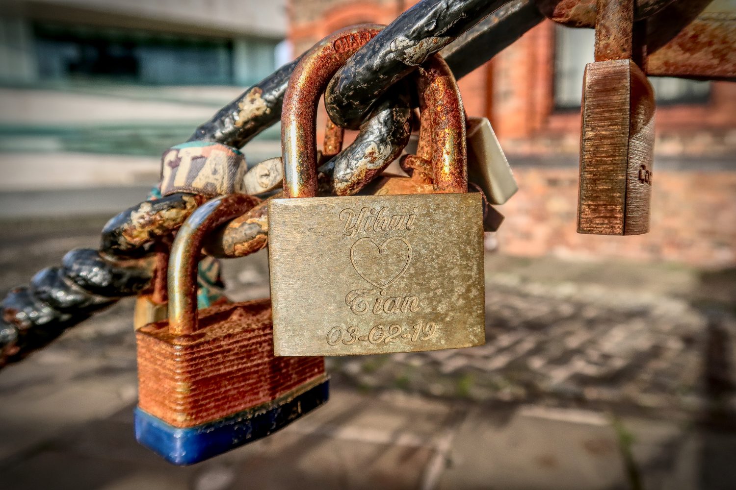 Love lock padlocks at Albert Dock, Liverpool.