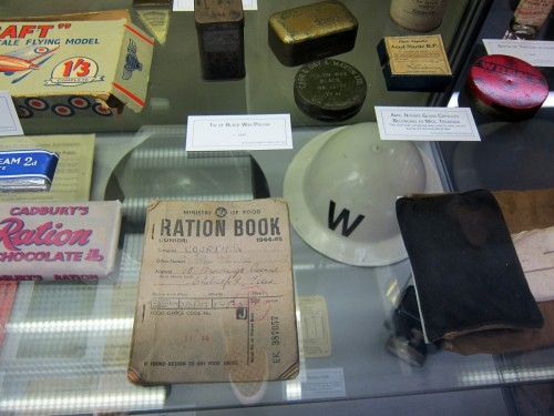 Display cabinet items in the bunker - ration book, wax polish and Amyl Nitrate capsules